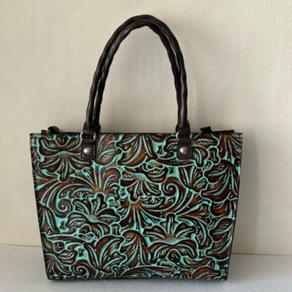 Patricia Nash Zancona Leather Front Tooled Turquoise Shoulder Handbag Xbody - Picture 3 of 12